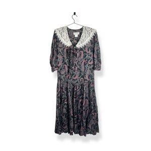 Vintage Jessica McClintock Lace 90s Drop Waist Floral Prairie Midi Dress